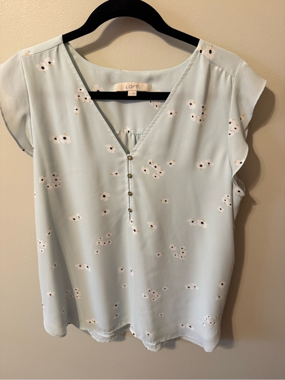 LOFT Pale Blue Floral Cap-Sleeve Henley Blouse